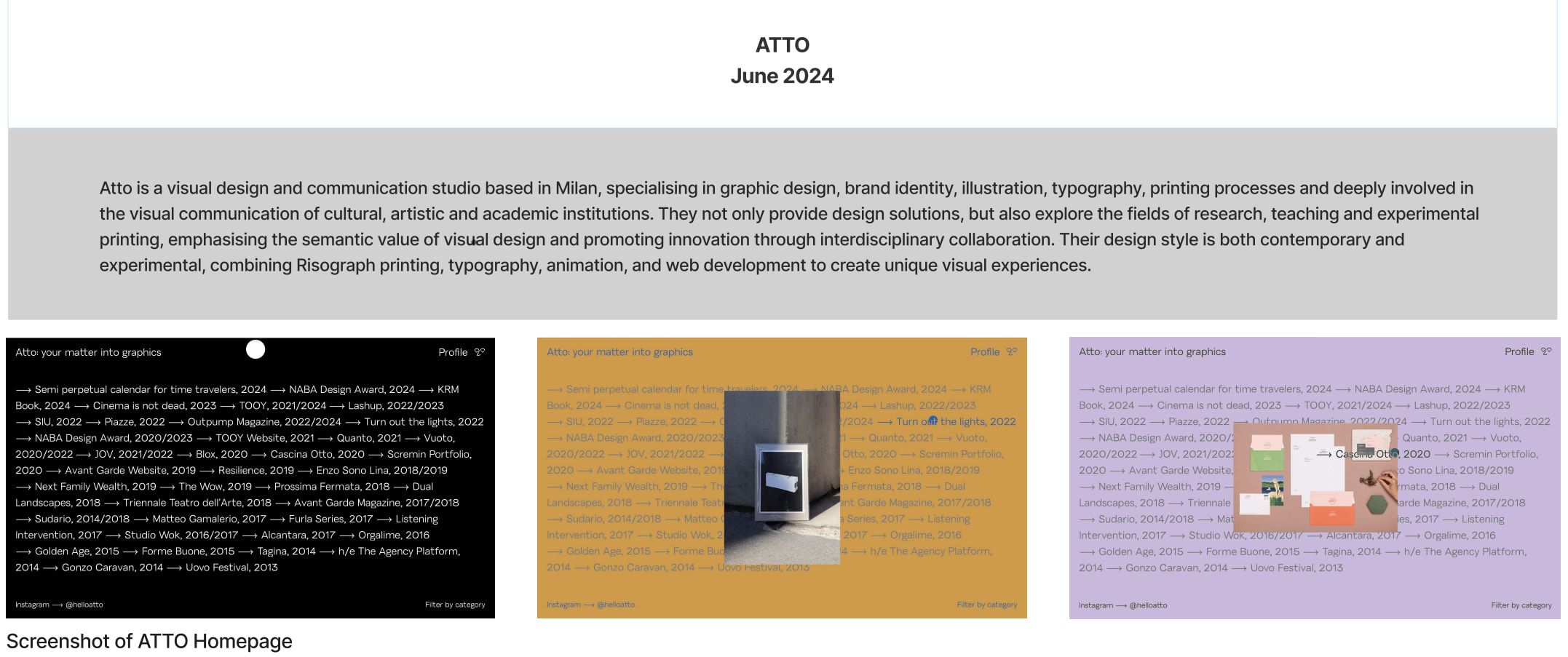 Research slide introducing ATTO (June 2024): notes above three screenshots of the studio’s website.