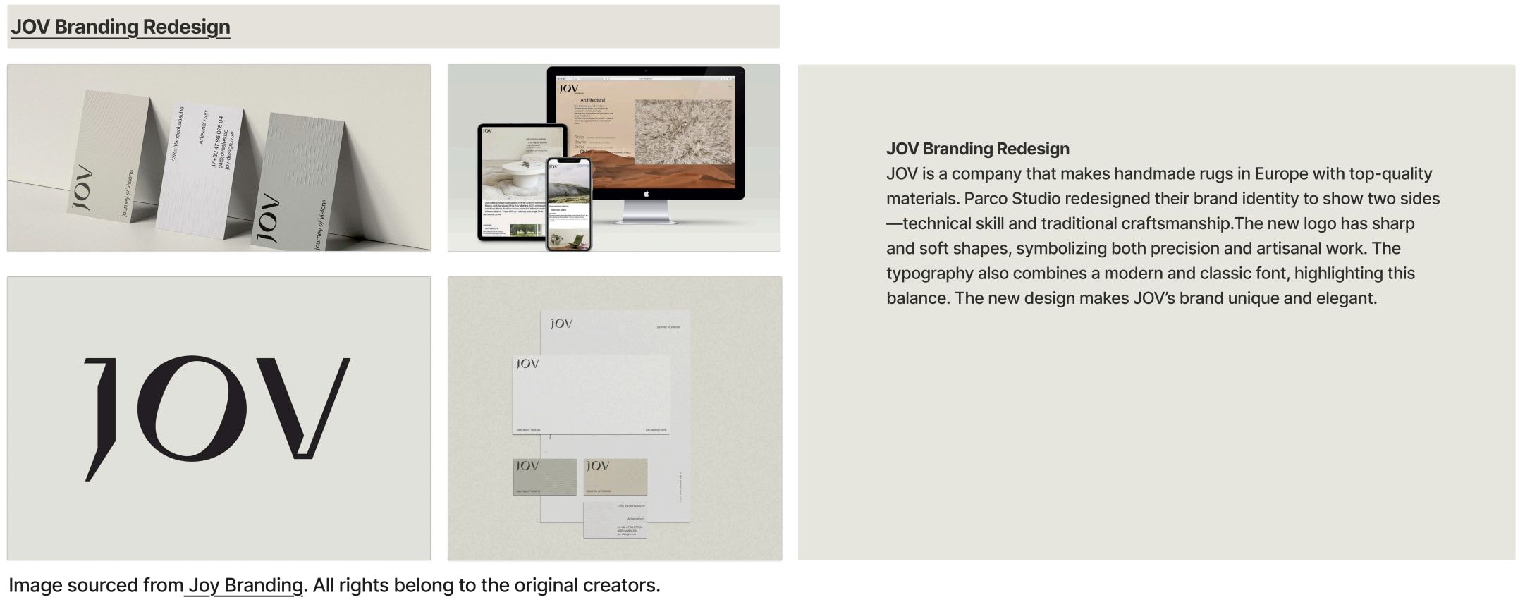 Research slide on the JOV branding redesign: photos of business cards, a laptop and stationery with the JOV logo beside a text panel.
