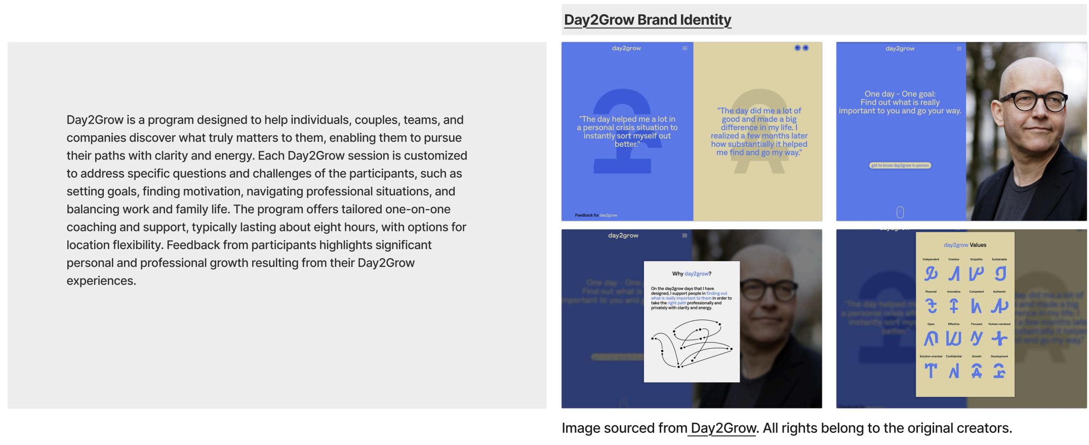 Research slide on the Day2Grow brand identity: a text panel beside blue and yellow brand materials and a portrait.