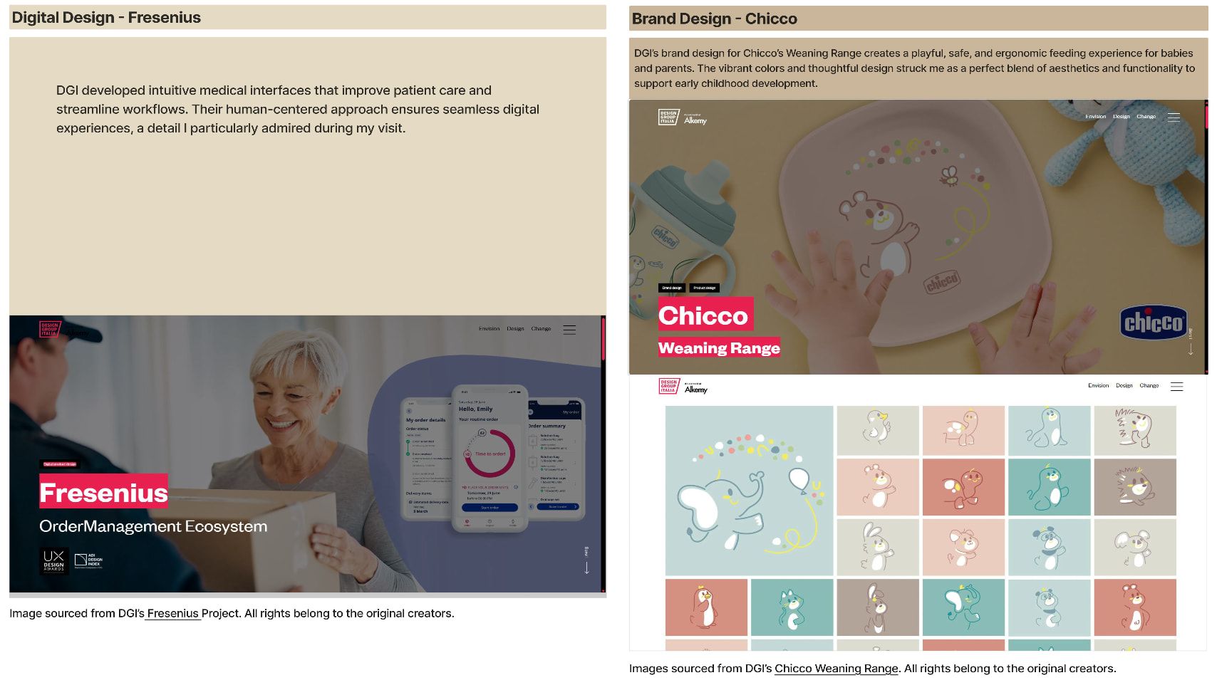 Research slide on two Design Group Italia projects: a medical interface for Fresenius and brand design for Chicco’s weaning range.