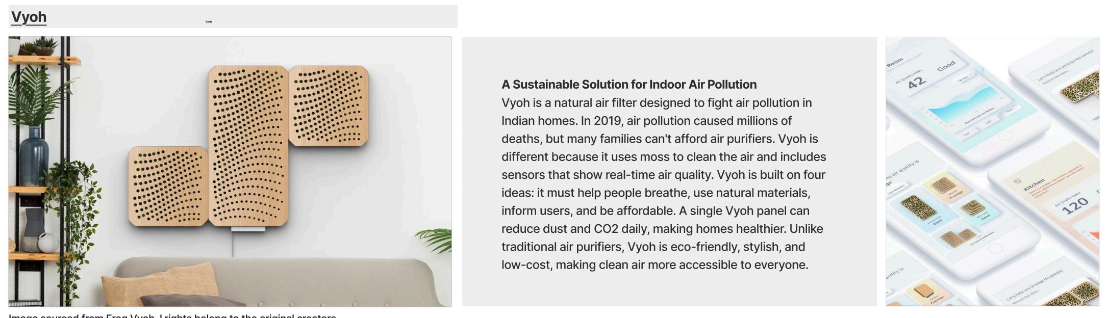 Research slide on Vyoh: a photo of a textured wall panel and screens of an app beside a text panel.