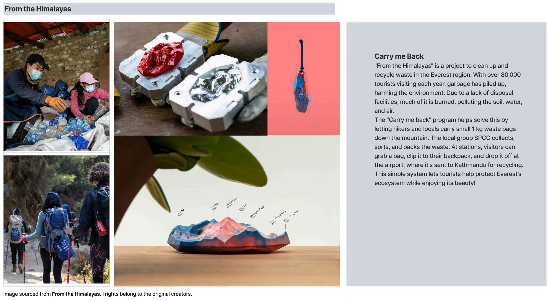 Research slide on “From the Himalayas”: photos of hikers, collected waste and a recycled shoe beside a text panel.