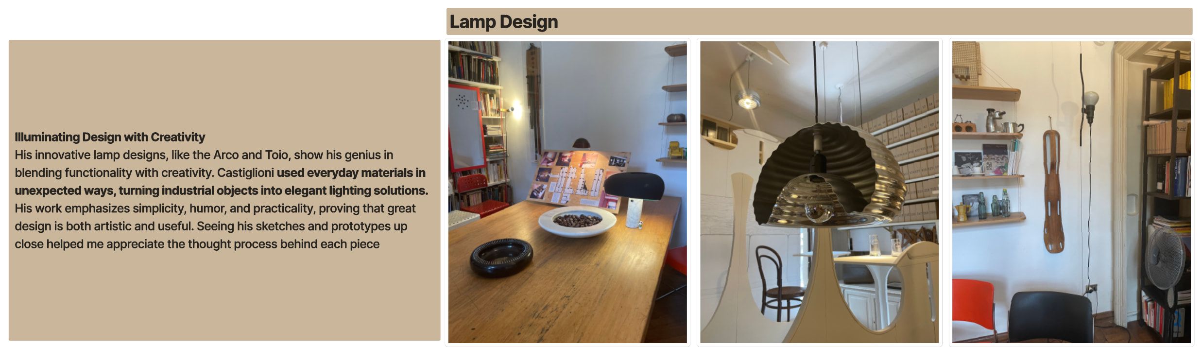 Research slide on Castiglioni lamp designs: a text panel beside photos of lamps in the studio.
