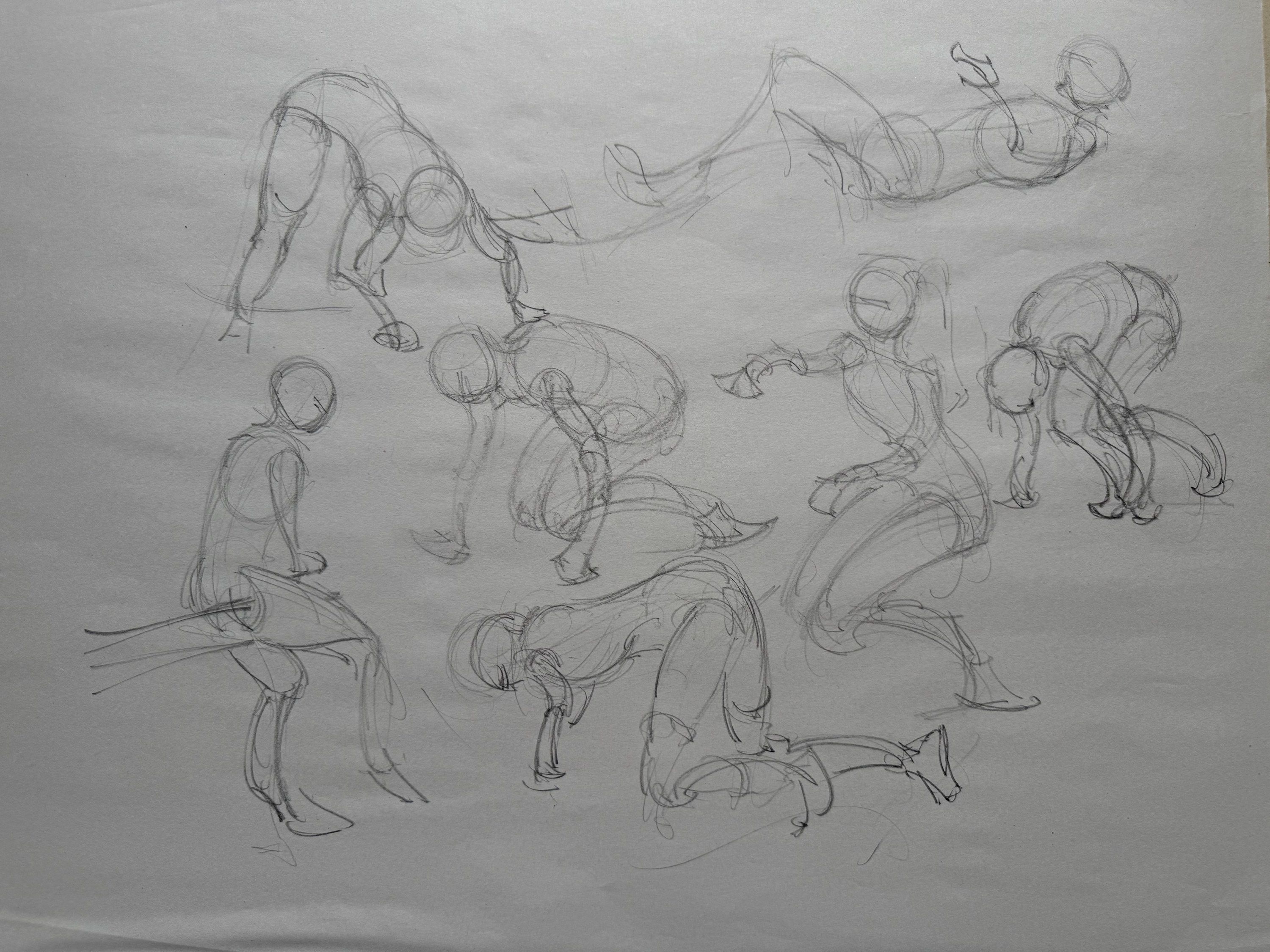 Pencil drawing on paper. Seven figures in low poses: crouching, crawling, kneeling, bending to the ground and reclining, drawn with simplified volumes.
