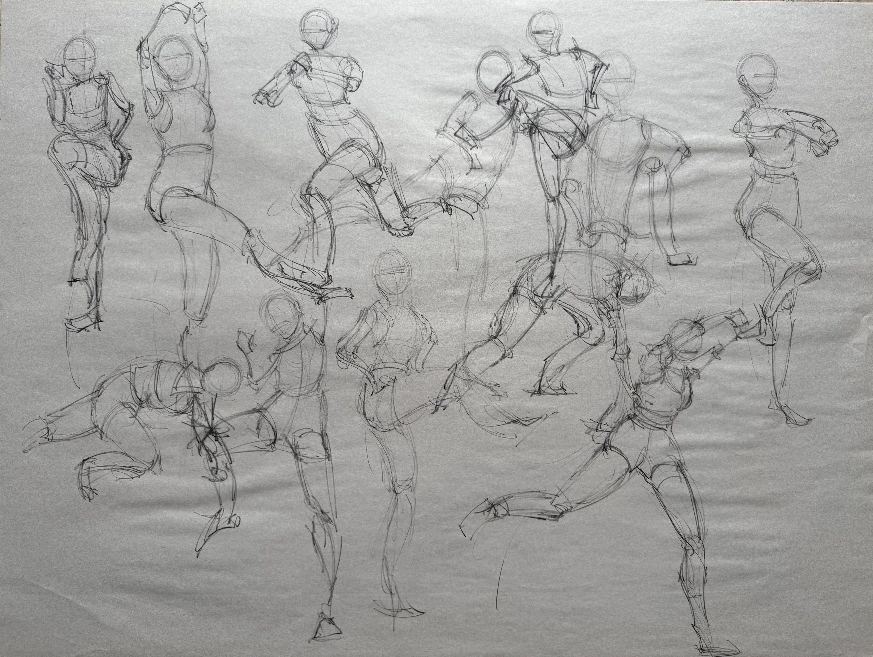 Pencil drawing on paper. A crowded sheet of quick gesture drawings: about a dozen figures kicking, leaping, crouching and stretching, overlapping across the page.