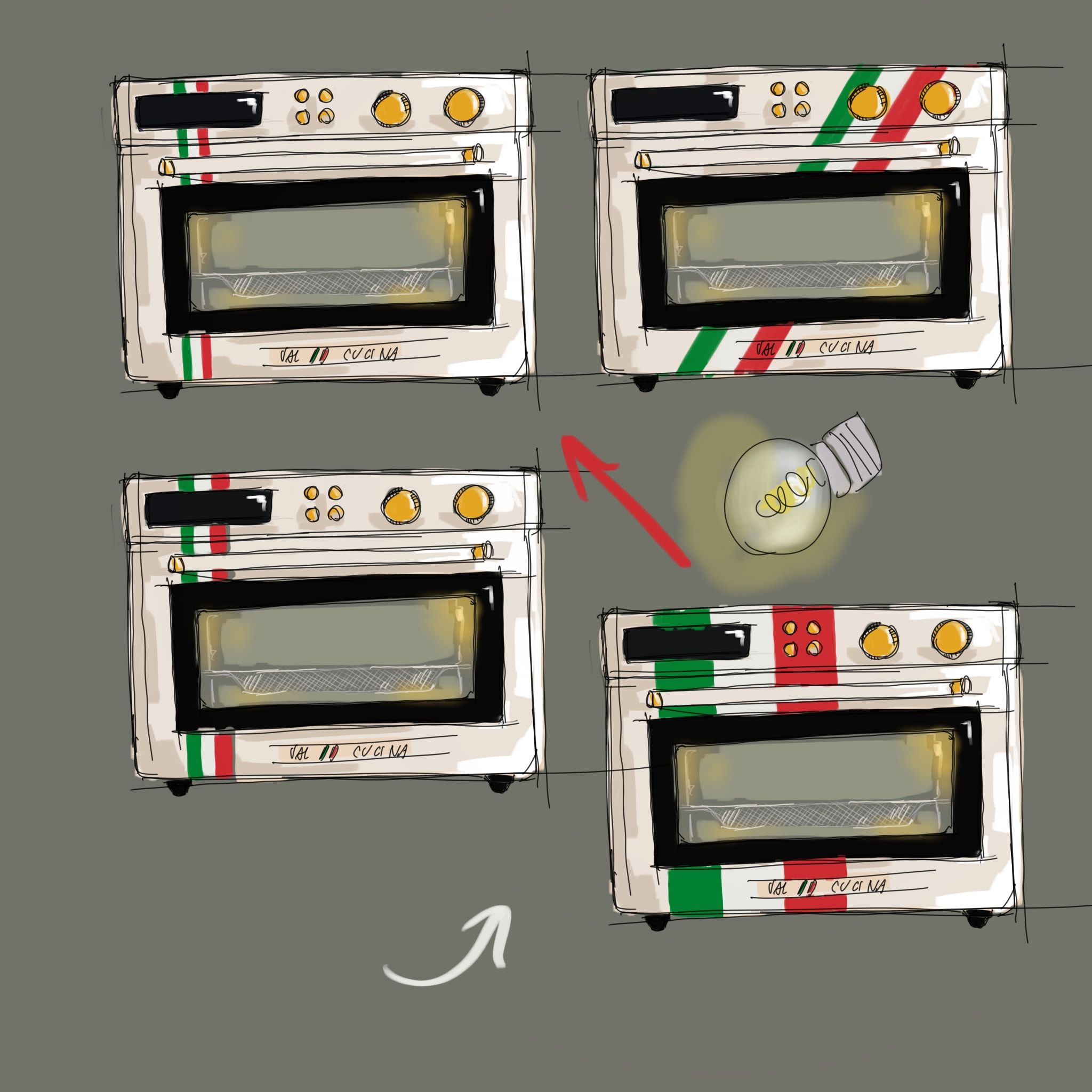 Digital sketches of four versions of a white countertop oven with red, white and green Italian accents, linked by arrows, with a lightbulb, on a grey background.