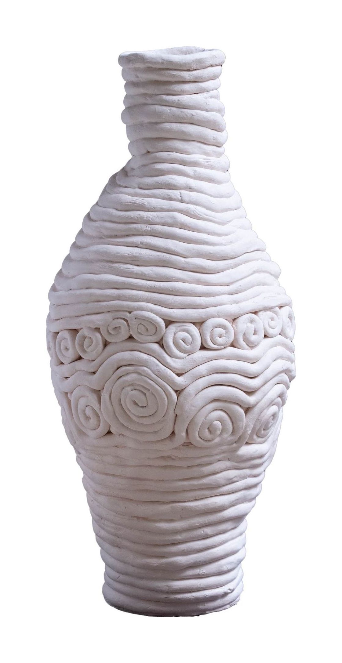 Tall white clay vase built from stacked horizontal layers, with a band of spiral patterns around its middle.