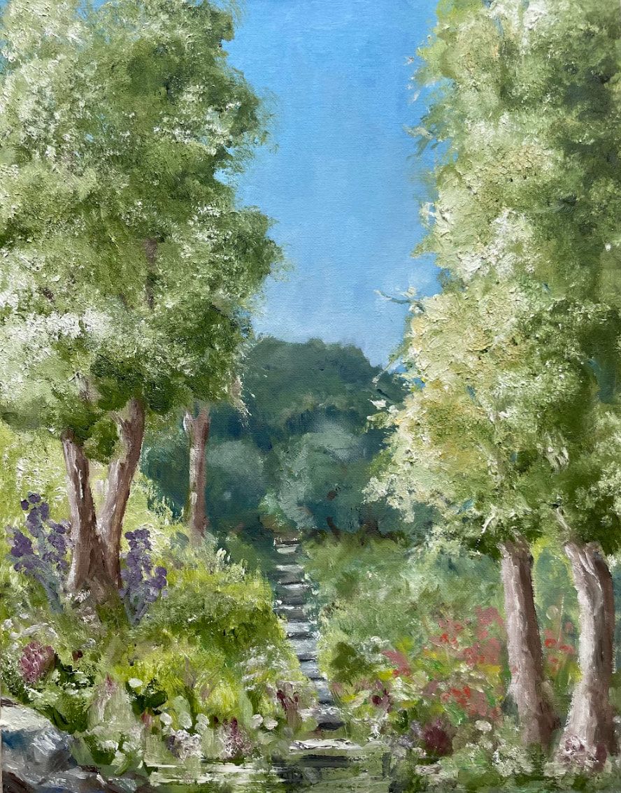 Oil painting of a garden path climbing a hill between leafy trees, with purple and red flowers in the foreground and blue sky above.
