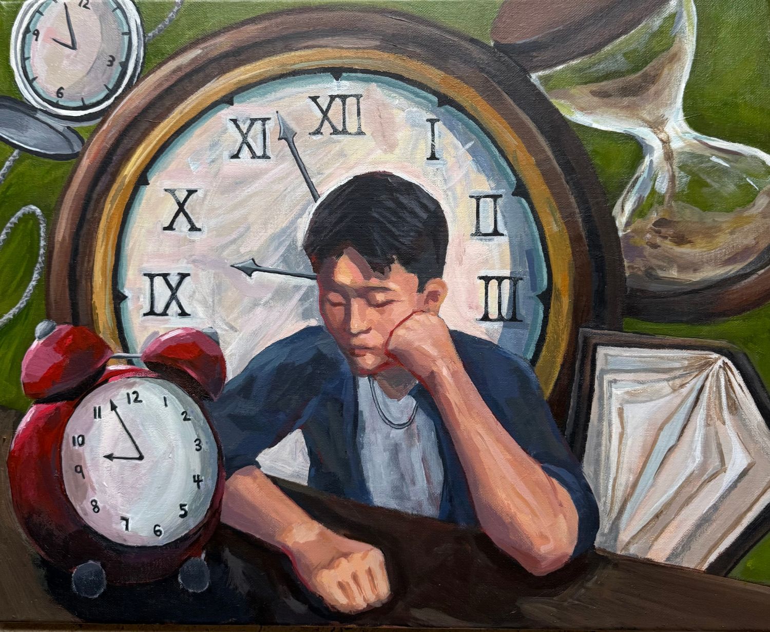 Painting of a young man with eyes closed, chin resting on his fist at a desk, in front of a large clock face with Roman numerals; a red alarm clock, a pocket watch, an hourglass and a draped canvas surround him on a green background.