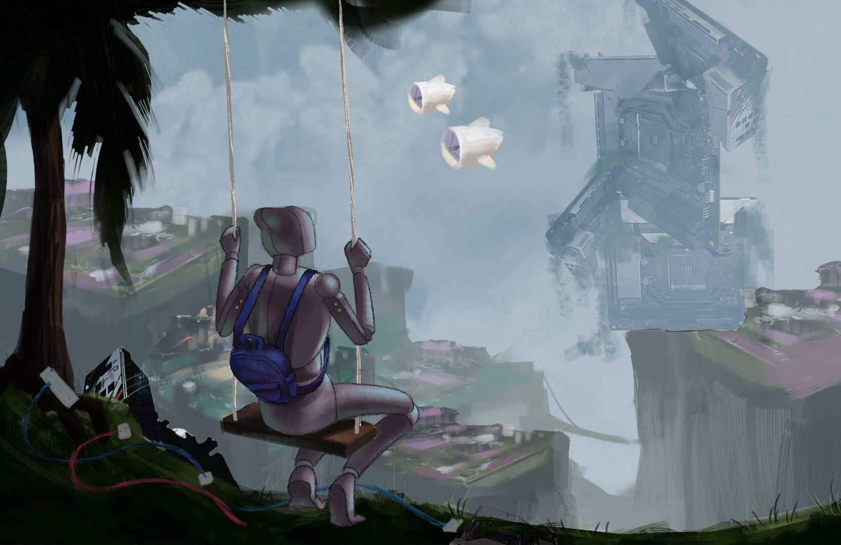 Digital painting of a jointed wooden mannequin wearing a blue backpack, seen from behind on a rope swing hanging from a dark palm tree; beyond the cliff, foggy floating islands made of green and pink circuit boards, a tall tower assembled from computer motherboards, and two small white fish-shaped objects drifting in the grey sky.