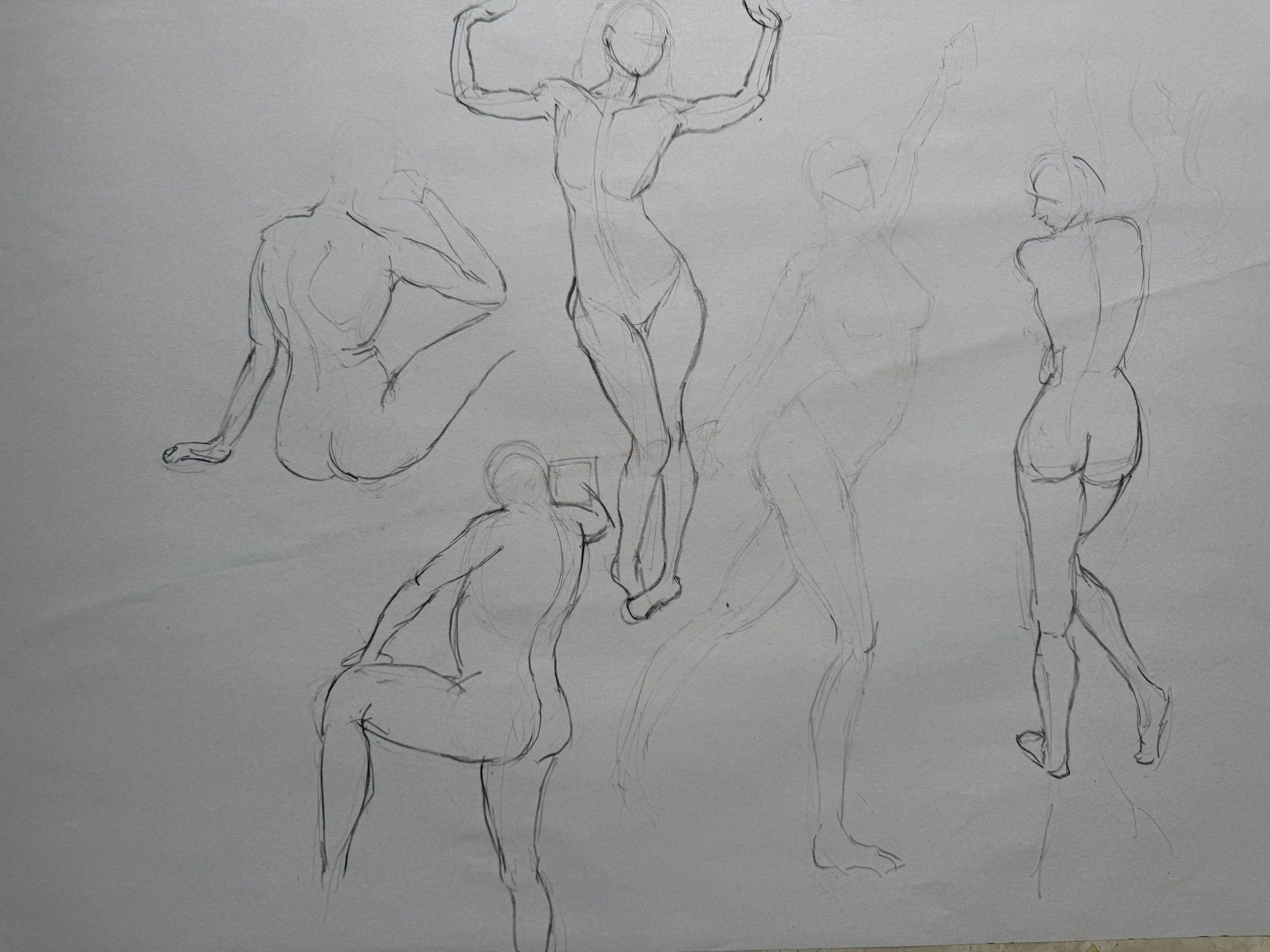 Pencil drawing on paper. Five nude figure studies in light contour line: a seated figure seen from behind, a figure with arms raised overhead, one reaching up, one stepping onto a block, and one standing in a three-quarter back view.