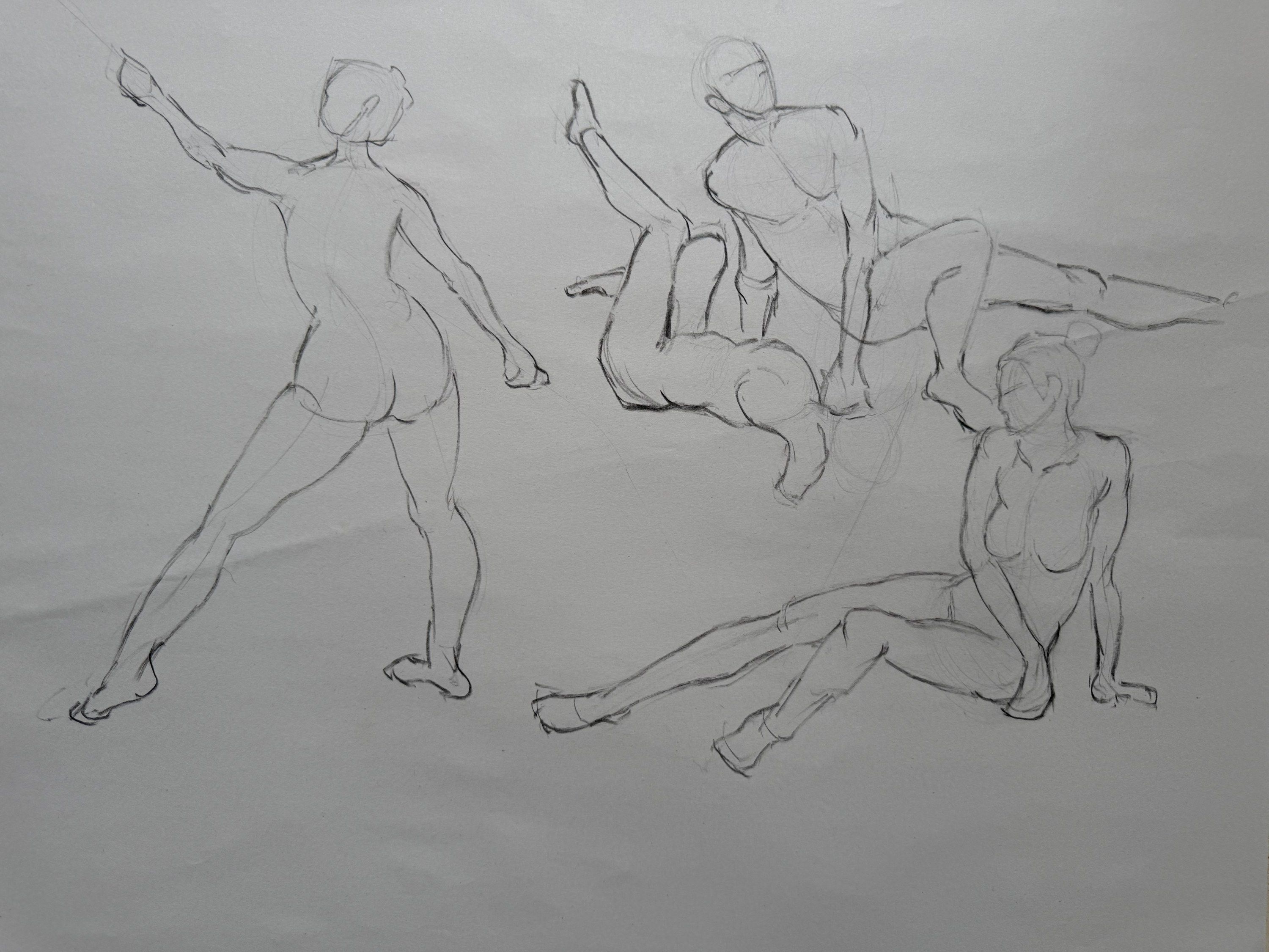 Pencil drawing on paper. Nude figure studies in contour line: a standing figure seen from behind with one arm extended, a figure balancing with a leg raised, and a seated figure leaning back on one hand.