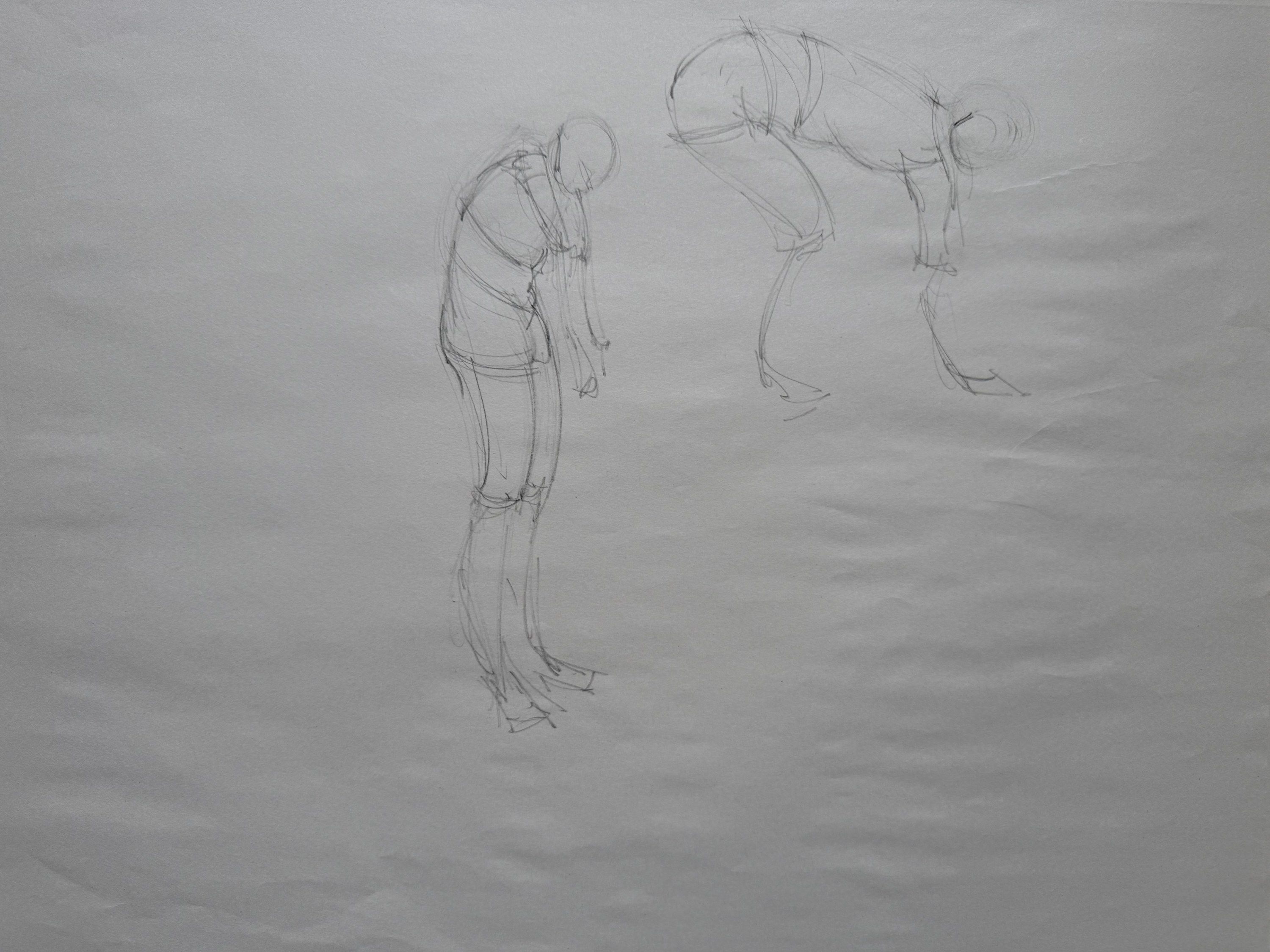 Pencil drawing on paper. Two figures bending forward, one with arms hanging straight down and one folded over almost horizontally.