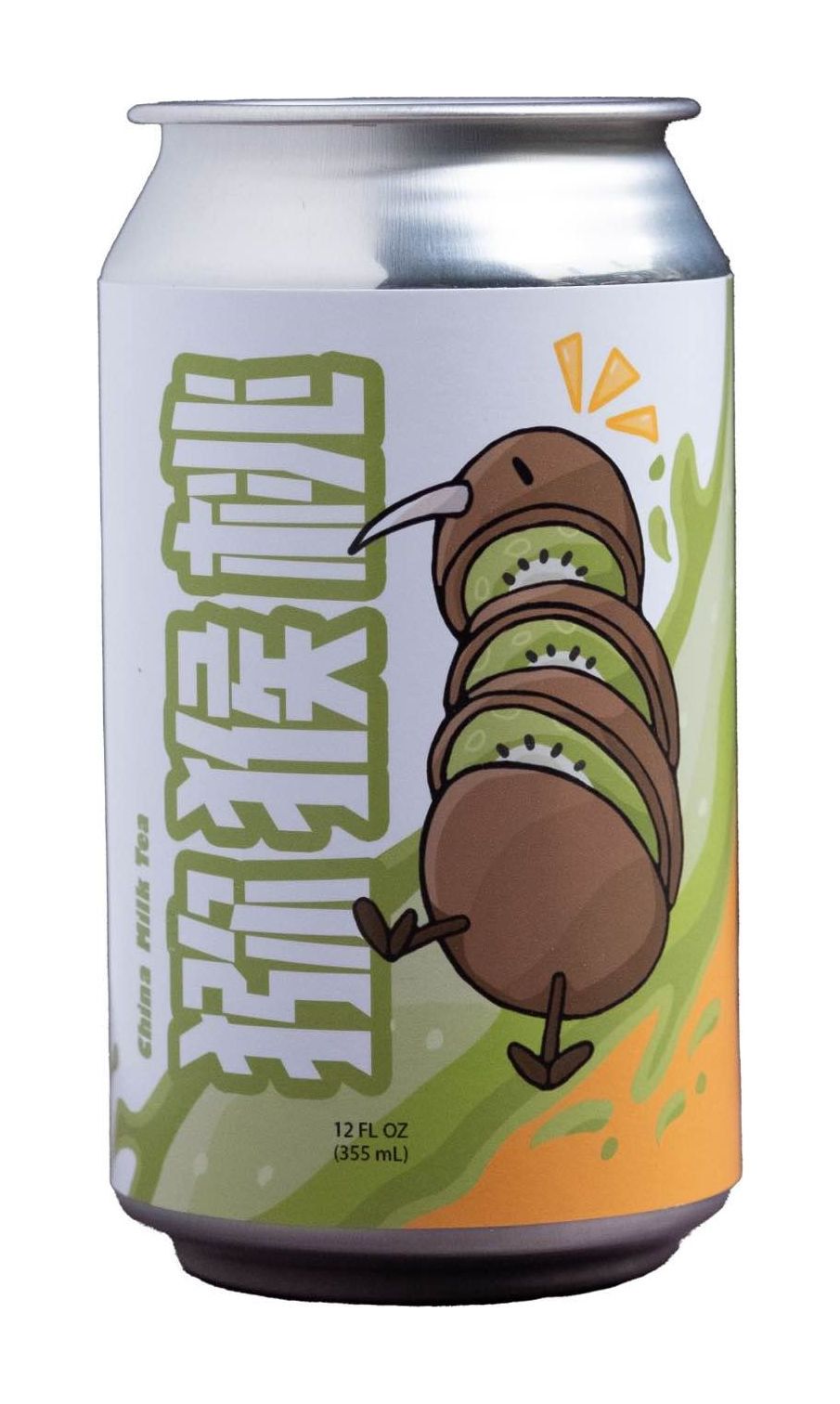 Drink can with a green and white label featuring a cartoon kiwi bird and Chinese lettering, on a white background.