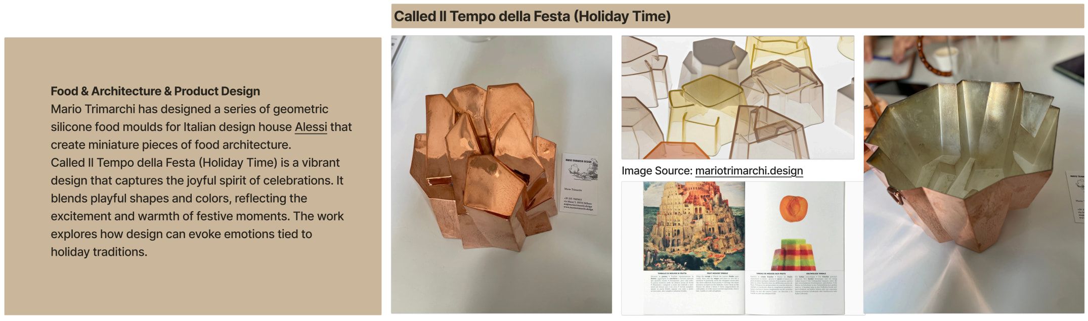 Research slide on “Il Tempo della Festa (Holiday Time)”: a text panel beside photos of folded copper and paper objects.