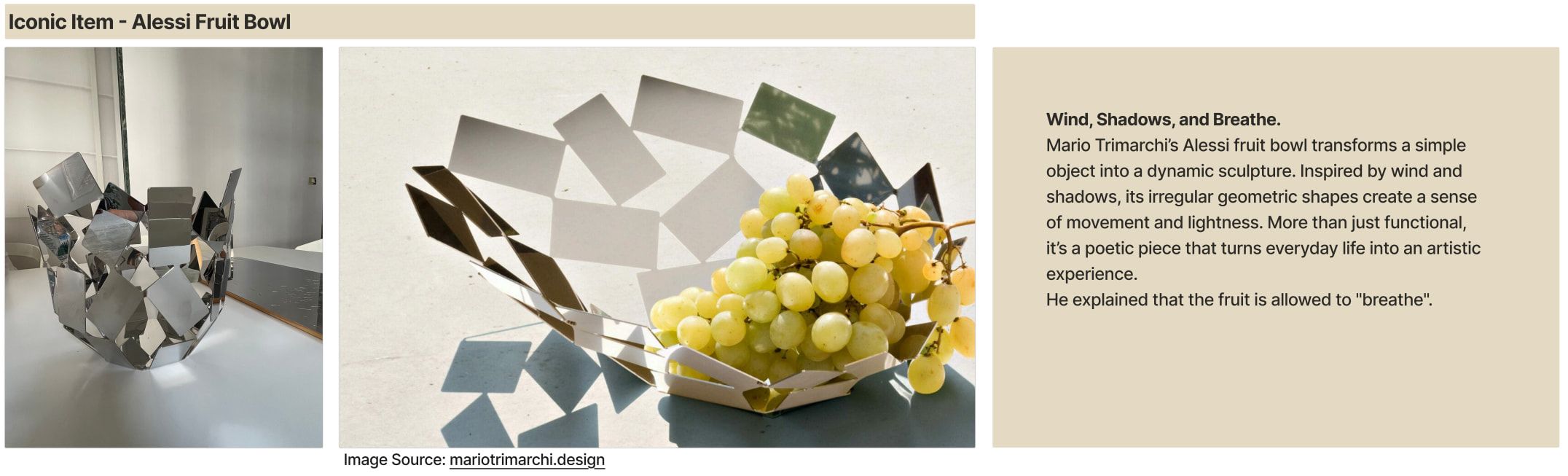 Research slide on the Alessi fruit bowl: photos of a folded metal bowl holding grapes beside a text panel.