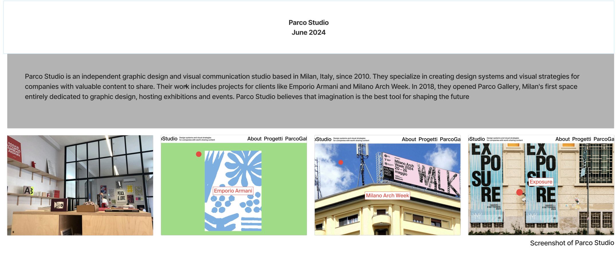 Research slide introducing Parco Studio (June 2024): notes above a row of photos of the studio and its poster work.