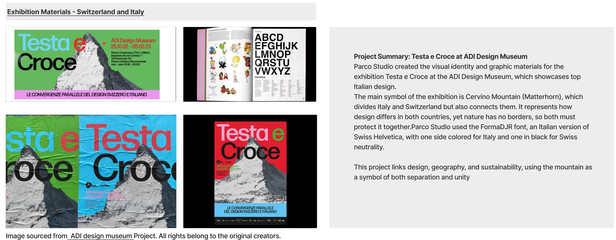 Research slide on exhibition materials for Switzerland and Italy: colorful posters and printed matter for “Testa o Croce” beside a text panel.