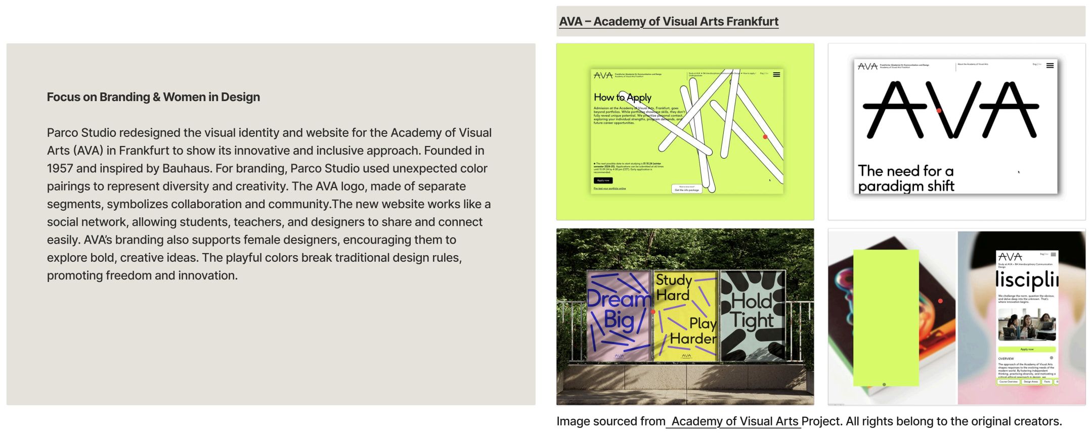 Research slide on branding for AVA, Academy of Visual Arts Frankfurt: a text panel beside bright green and black printed materials.