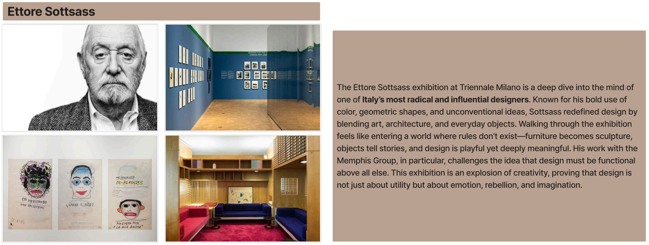 Research slide on Ettore Sottsass: a portrait photo and exhibition views beside a text panel.