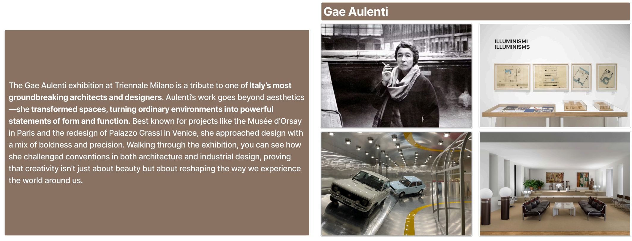 Research slide on Gae Aulenti: a text panel beside a portrait photo and exhibition views.